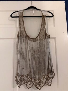Anthropologie White Sheer Tank with Gold Beading
